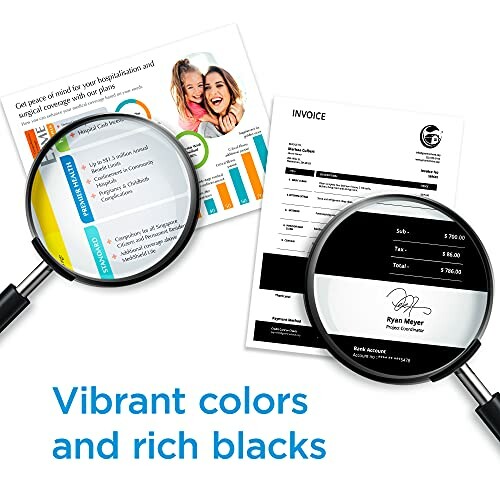 Magnifying glasses showing vibrant colors and rich blacks on printed documents.