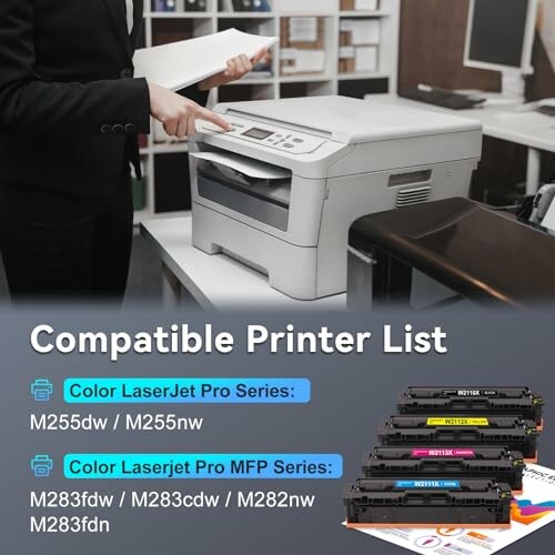 Compatible printer list with models and cartridges.