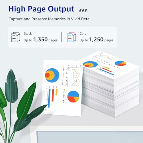 Stack of printed pages with colorful charts and graphs illustrating high page output.