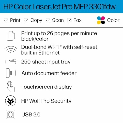 Features of HP Color LaserJet Pro MFP 3301fdw printer including print, copy, scan, fax, color, Wi-Fi, 250-sheet tray, auto feeder, touchscreen, security, USB 2.0.