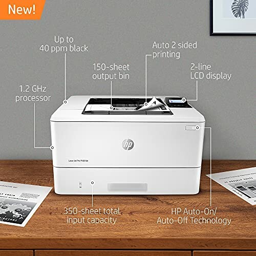 HP LaserJet Pro M404dn printer features including 40 ppm speed, 350-sheet capacity, and auto-on/off.