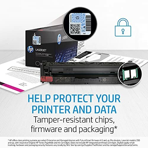 HP LaserJet printer security features with tamper-resistant chips and packaging.