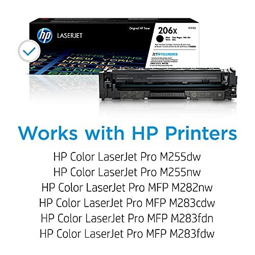 HP LaserJet 206X toner cartridge with compatible printer models listed.