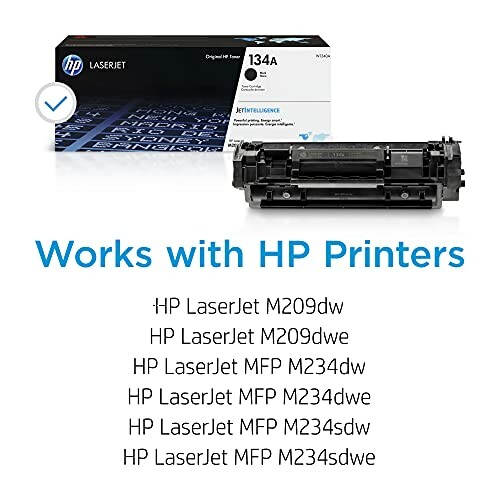 HP 134A LaserJet toner cartridge with compatible printer models listed.