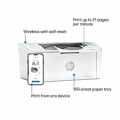 HP wireless printer with mobile device compatibility and 150-sheet paper tray.