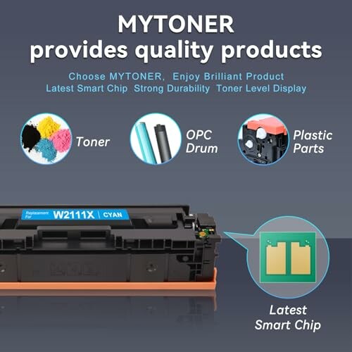 MYTONER toner cartridge with smart chip, OPC drum, and plastic parts.