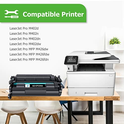 Printer and toner cartridge with compatible models listed.